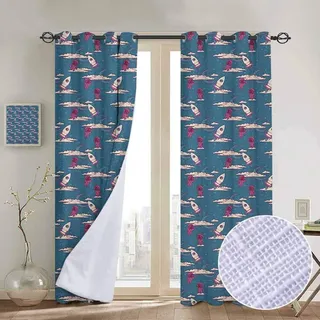 NUOMANAN Verdunkelungsvorhänge, Mond, Kleiner Junge auf dem Planeten in Wasserfarben, Cartoon-Stil, Sonnensystem, Kinderzimmer, Wohnzimmer 100" W x 96" L Color13