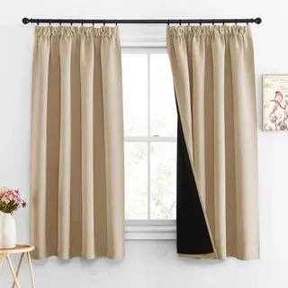 PONY DANCE 100% Blickdichte Vorhänge mit Kräuselband Schlafzimmer Gardinen Kurz 2er Set H 160 x B 140 cm Thermovorhang Kälteschutz Doppellagiger Vorhang Lichtundurchlässig, Biscotti Beige