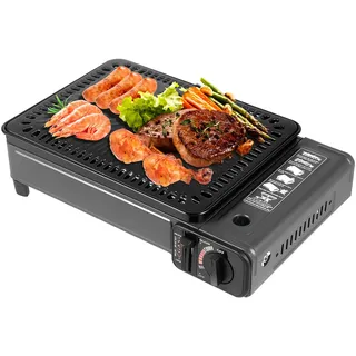 HeinaTond Camping Gasgrill Set Tragbarer Tischgrill Gas Camping Grill mit Grillnetz und Backblech 2200W für Outdoor BBQ Reisen Trekking Campingaz Grill mit Koffer und Fettauffangschale