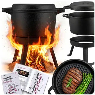 Berdsen Gusseisen Topf 8 L Dutch Oven - Feuertopf für Lagerfeuer und Grill - 2-in-1 Deckel als Pfanne nutzbar - mit 3 Beinen und Aufhängebügel - inkl. Rezeptbuch - Schwarz