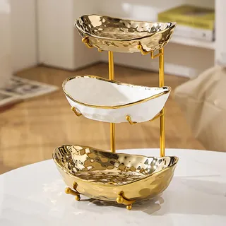 Simcat 3-Schicht Obstschale Keramik mit Metallgestell - Etagere Dekoschale für Küche/Wohnzimmer, Serviert Obst/Gemüse/Snacks, Geschenkfertig (Golden)