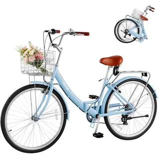 Vevor Damenfahrrad 26 Zoll 7-Gang Cruiser-Fahrrad Citybike Hellblau Faltbar Für Stadt Strand Einkauf und Reisen, mit Tiefem Einstieg, Faltbarem Frontkorb, Gepäckträger bis 50 kg und Doppel-V-Bremse