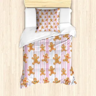 ABAKUHAUS Lebkuchenmann Bettbezug Set, Kinder Muster mit Pastell farbigen gestreiften Hintergrund Cute Bakery Xmas Goodies, 135 x 200 cm + 80 x 80 cm, Mehrfarbig