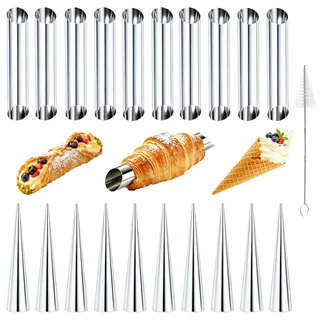 BMZXCH 20 Stück Schaumrollenformen Klein Groß Cannoli Schillerlocken Formen | Cannoli Antihaft-Cannoli & Schillerlockenform Backform Set Edelstahl Cannoli Molds mit Reinigungsbürste für Croissant