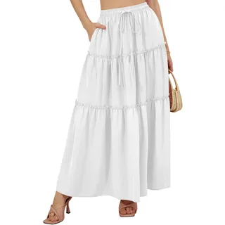 NASHALYLY Damen Chiffon Elastisch Hohe Taille Plissee A-Linie Ausgestellt Maxi Röcke, Weiß, Mittel