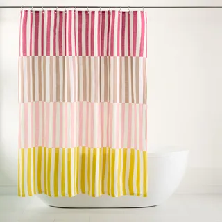 TOWN & COUNTRY PLAY Adeline Offset-Streifen-Duschvorhang, Baumwolle, atmungsaktiv, mit rostfreien Ösen, Rosa/Beige/Gelb, 178 x 183 cm