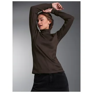 Rollkragenshirt TRIGEMA "TRIGEMA Langarm Ski- und Sport-Rollkragenpullover", Damen, Gr. 3XL, braun (mocca), Feinripp, 100% Baumwolle (Bio-Baumwolle kbA), Basic, normal, ohne Ausschnitt, Shirts Rollkragenshirt