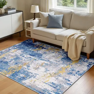 INOVADAY Waschbarer Teppich Wohnzimmer 120x180 cm Moderne Abstrakt Teppich Schlafzimmer mit Weichem Kurzflor rutschfest Minimalistische Teppiche für Lounge Esszimmer Blau/Gold