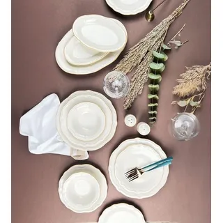 Elegantes 53-teiliges Speiseservice, 100% Porzellan, Weiß & Gold | Enthält Teller, Schüsseln, Platten und Streuer | Spülmaschinen- und mikrowellengeeignet
