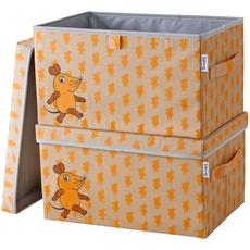 LIFENEY meets Die Maus 2x Aufbewahrungsbox mit Streuprint für Kinder – Boxen im Doppelpack mit der beliebten Maus zum Verstauen von Spielzeug – 37 x 25 x 21 cm in Apricot & Orange