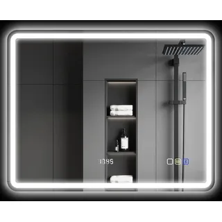Homcom Badspiegel mit Beleuchtung 70x90 cm LED Spiegel Wandspiegel mit Bluetooth-Musikfunktion Uhr Touchschalter Memory-Funktion - Silber