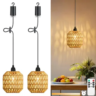 Lightsjoy 2 Stück Hängelampe mit Batterie Außen Innen, Pendelleuchte Akku Dimmbar, Akku Hängelampe Ohne Strom, Hängeleuchte Boho Rattan, Hängelampe Batteriebetrieben mit Fernbedienung IP65 für Garten