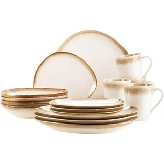 16-teilig Vintage-Keramik-Service für 4 Personen - Beige bis Cremeweiß - Steingut - Beige, Weiß
