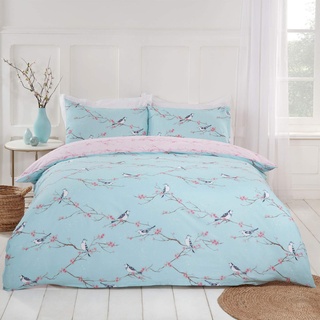 DREAMSCENE Blossom Bird Wende-Bettwäsche-Set, Blumenmuster, Bettbezug mit Kissenbezug, Entenei-Blush – Einzelbett, Duck Egg Rouge mit Rosa Vogel-Aufdruck