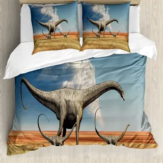 ABAKUHAUS Jurassic Bettbezug, Diplodocus Dinasours, Milbensicher Allergiker geeignet mit Kissenbezügen, 200 cm x 200 cm - 80 x 80 cm, Khaki, Blau, Grau
