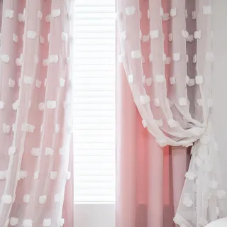 MYSKY HOME Gardinen Kinderzimmer Mädchen Verdunkelungsvorhang 2er Set Vorhänge mit Ösen Weiß Gaze Doppellagige Modern Gardine Kurz Wohnzimmer Verdunkelung Vorhang, H 160 x B 132 cm, Rosa