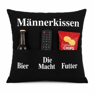 KAMACA Männerkissen mit 3 Taschen (43×43 cm) – Sofakissen für Bier, Fernbedienung & Snacks – Ostern Geschenkidee für Männer, Gamer & Väter (Männerkissen A)