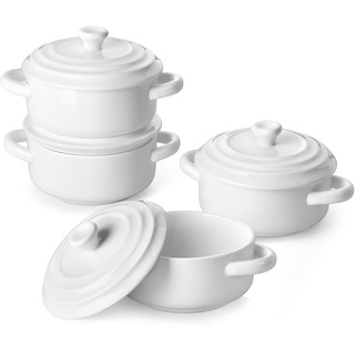 MALACASA Mini Cocotte Set – Kleine Auflaufformen mit Deckel und Griffen, Keramik, Mini-Dutch Oven Set mit 4 Stück, kleine Auflaufförmchen für Lasagne, Soufflé, Backofen, Mikrowelle und Spülmaschine,