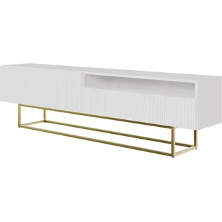 Selsey TV-Lowboard Veldio mit Lamellenfront und Offenem Fach 175 cm Weiß mit Goldenem Gestell