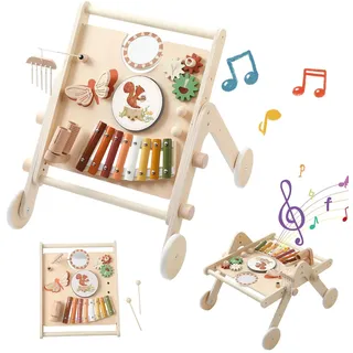 Lauflernwagen Holz Montessori Holzspielzeug Musikinstrumente für Kinder,Lauflernhilfe mit Musik und Spielbrett Multifunktionale Activity Center Baby Walker mit Rad Baby Push Walker ab 1 jahr