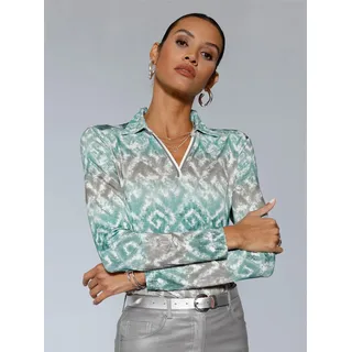 Langarmshirt CREATION L "Druck-Shirt", Damen, Gr. 36, grün (ecru, grau, bedruckt), 95% Viskose, 5% Elasthan, bedruckt, gemustert, mehrfarbig, V-Ausschnitt, Shirts Langarmshirt