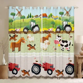 Loussiesd Kinder Karikatur Bauernhof Tiere Fenstervorhang 175x140cm Kleinkind Niedliche Traktoren Vorhänge für Jungen Kinder Bauernhaus Land Blickdichte Vorhänge Bunte Raumdekor Natur Thema
