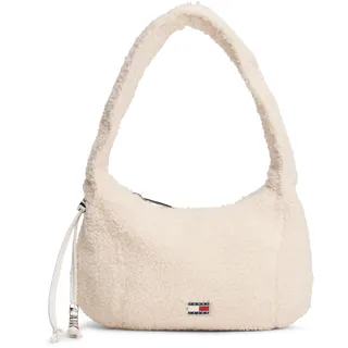 Schultertasche TOMMY JEANS "TJW CASUAL SHERPA SHOULDER BAG", Damen, Gr. B/H/T: 27cm x 16cm x 8cm, ivory, Textil, Taschen Schultertasche, Damen Tragetasche, Freizeittasche mit wattiertem Tragegriff
