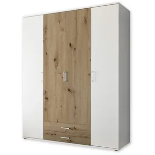 Stella Trading MARBURG Kleiderschrank in Weiß, Artisan Eiche Optik - Vielseitiger Drehtürenschrank 4-türig für Ihr Schlafzimmer - 160 x 196 x 54 cm (B/H/T)