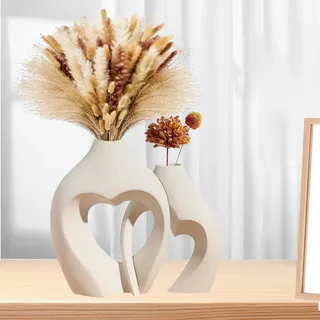 MUJUZE Moderne Vase Keramik,Vase Beige Matt Weiß Satz von 2,Keramikherzvase für Wohnzimmer Schlafzimmer Home Deko,Vase Für Pampasgras,Moderne Nordic Dekoration Einzugsgeschenk