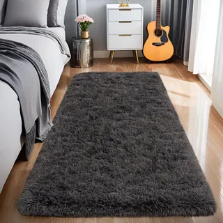 BSGIFT Hochflor Teppich 80x150 Anthrazit Flauschig, Shaggy Langflor Teppich Läufer rutschfest für Schlafzimmer Bettvorleger Wohnzimmer, Modern Kuschelteppich High-Pile Carpet Wohnzimmerteppich