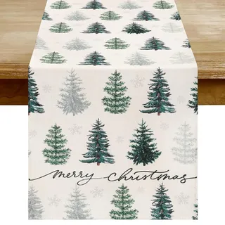 Weihnachtsdeko Tischläufer Grün Weihnachtsbaum 40 x 140 cm, Tischdecke Weihnachten Dekoration Modern, Tischband Winter Abwaschbar für den Esstisch Küche Wohnzimmer Weihnachten Tischdeko