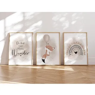 MeinBaby123® I Bilder Kinderzimmer | 3er Set DIN A4 | Wandbilder | Kinderzimmer Poster | Deko Bilder Kinderzimmer Mädchen und Jungen | Babyzimmer Deko (Luftballon & Fuchs beige)