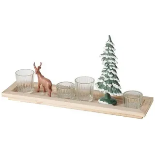 Boltze Home Tablett mit Figuren und Kerzenhaltern 42 cm , Multicolor , Glas , 11x22x42 cm , Dekoration, Weihnachtsdekoration