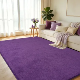 GthreeD Teppich 140x200 Wohnzimmer Teppiche Kurzflor Lila rutschfest Modern Einfarbiges Essensraum Weich Waschbarer Carpet für Kinderzimmer Schlafzimmer