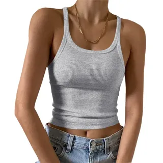 Artfish Damen Ärmelloses Tank Top Form Passform U-Ausschnitt Rippstrick Basic Cami Shirts, 01#Short Heather Grey, Klein