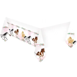 Amscan 9909877 - Plastik-Tischdecke Pferd, Größe 120 x 180 cm, weiß mit Pony-Bordüre, Tisch-Dekoration, Kinder-Geburtstag, Motto-Party