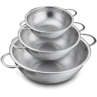TEAMFAR Sieb 3er-Set, Edelstahl Micro-Perforierte Küchensieb Nudelsieb mit Griffen, Abtropfsieb Seiher für Nudeln Obst Reis Gemüse, Gesund & Hochglanzpoliert, Spülmaschinenfest - 16/22 / 28cm