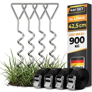 MONZANA® 4 Bodenanker Trampolin 42,5cm 5 Windungen 900kg Verstellbare Gurte Rostfrei Sicherung Set Erdanker Befestigung Pavillon Gartenhaus Schaukel - Silber