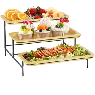 Lifewit Etagere 3 Etagen, Bambus Servierplatte 30 x 17 cm/12x 6.5, Serviertablett mit Schwarzer Metallständer für Party Buffet Zubehör, Große Tabletts Displayständer für Gemüse Obst Desserts, Schwarz