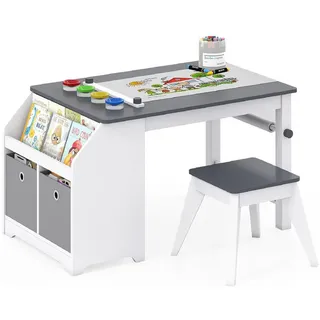 Costway Kindertisch-Set mit Stauraum grau(2-tlg) , Grau , Holzwerkstoff , 91x49.5x54 cm , Babymöbel & Kindermöbel, Kinderzimmer & Jugendzimmer, Kindersitzgruppe