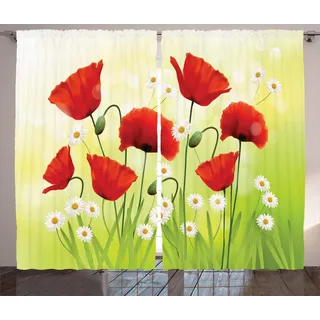 ABAKUHAUS Blume Rustikaler Gardine, Floral Kamille Mohn, Schlafzimmer Kräuselband Vorhang mit Schlaufen und Haken, 280 x 245 cm, Grün Rot