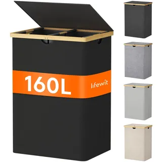 Lifewit 160L Bambus Wäschekorb mit Deckel, Faltbar Wäschesammler 2 Fächer Wäschesortierer mit Abnehmbarem Wäschesack Bambus Griffen Wäschebox Laundry Baskets für Waschküche, Schlafzimmer,Dunkelschwarz