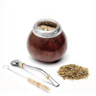 balibetov Set aus Natürlichem Kürbis Tasse für Mate Tee Handgefertigt Inkl. Strohhalm (Yerba Mate Straw) (DUNKLE BRAUNE)