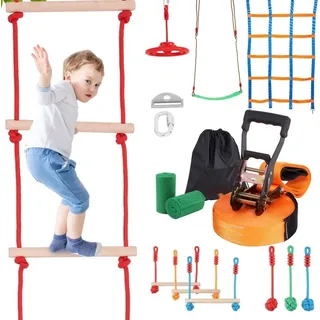Ninja Slackline Hindernisse Set - 2x 15,24m Slacklines - 226,8 kg Tragkraft - Ninja Hinderniskurs - Outdoor-Spielset-Ausrüstung - Hinterhofspielzeug-Trainingsausrüstungsset mit 10 Hindernissen.