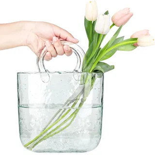 FNG8 Dekorative Vase Glas Handtasche - Klare Handgemachte Vase Klein Vase für Langstielige Blumen, Obst, Potpourri, Kleine Fische & Süßigkeiten - Einzigartige Taschen Vase mit Wasserblasen-Look