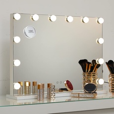2-FNS Hollywood Spiegel mit Licht, Touch Control Schminkspiegel mit 12 LED Licht, Kosmetikspiegel mit USB für Schlafzimmer Schminktisch, 3 Lichtfarben Dimmbar, Tischplatte oder Wandhalterung, 58x43 cm