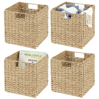 mDesign 4er-Set Aufbewahrungskorb – faltbare Aufbewahrungsbox aus Seegras – Regalkorb mit Flechtmuster – ideal zur Aufbewahrung in Würfelregalen – bambusfarben