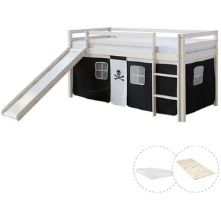 Homestyle4u Hochbett Pirat 90 x 200 cm Kiefer massiv weiß/schwarz