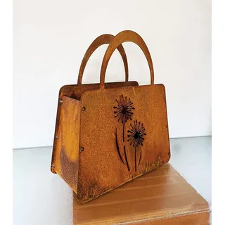 Edelrost Handtasche mit 2 Blumen 27x32cm Tasche zum Bepflanzen Rost Pflanztasche Blumentopf Windlicht Edelrost Gartendeko