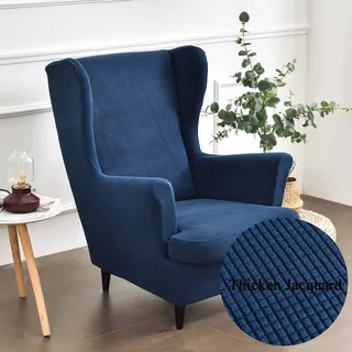Highdi 2-Teilig Ohrensessel Überzug, Sessel-Überwürfe Ohrensessel Einfarbig Jacquard Verdicken Schonbezüge Bezug Sesselhusse Strandmon Tiger Stuhlbezug mit Armlehne Hohe Rückenlehne (Navy blau)
